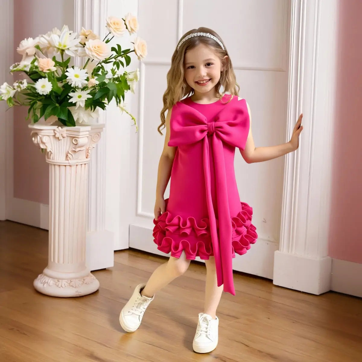 Girls Fuchsia Sleeveless Large Bow Applique A-line Party Wear Dress Party Dresses