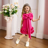 Girls Fuchsia Sleeveless Large Bow Applique A-line Party Wear Dress Party Dresses