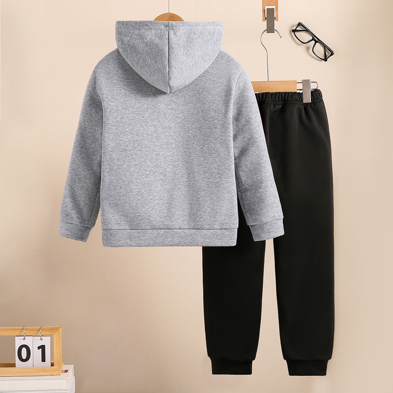 Boys Grey Typographic Printed Hooded Sweatshirt with Joggers Set Sets