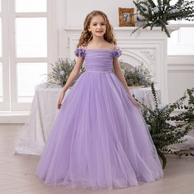 Girls Lavender Gathered Off-Shoulder Tulle Party Gown Party Dresses