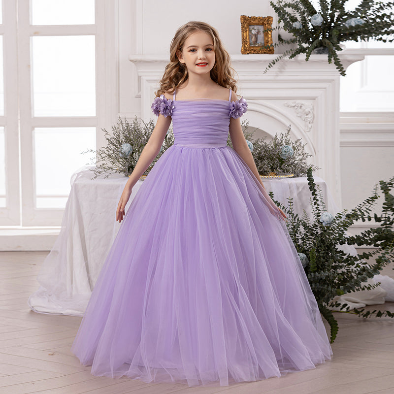 Girls Lavender Gathered Off-Shoulder Tulle Party Gown Party Dresses