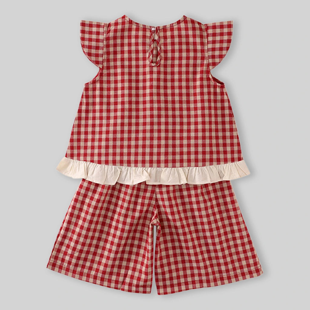 Girls Red Checked Ruffle Cap Sleeve Top With Elasticated Shorts Sets Sets