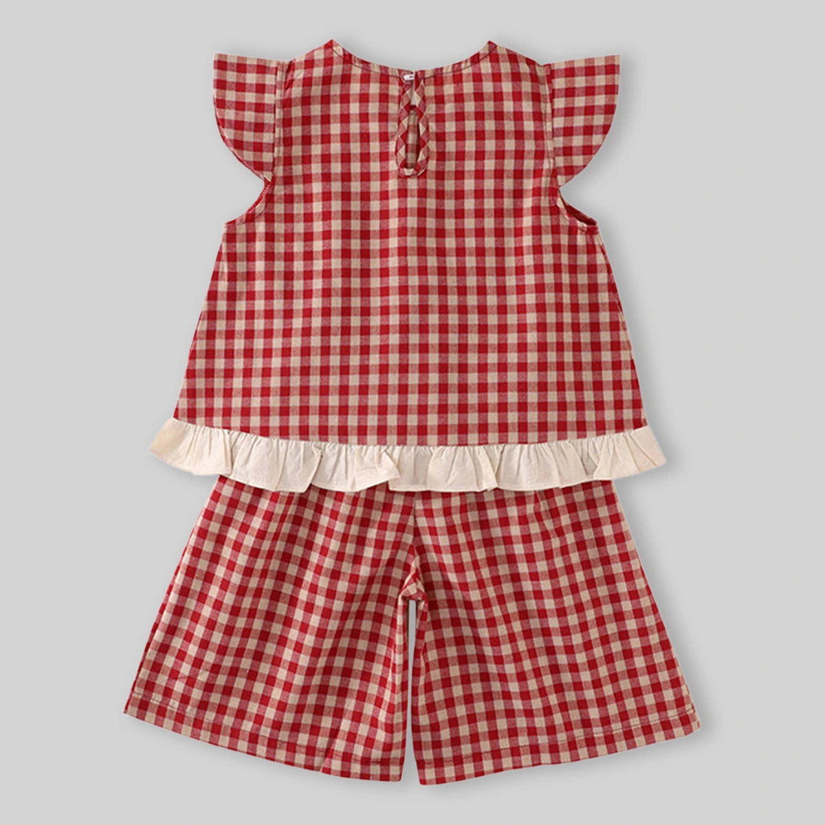 Girls Red Checked Ruffle Cap Sleeve Top With Elasticated Shorts Sets Sets