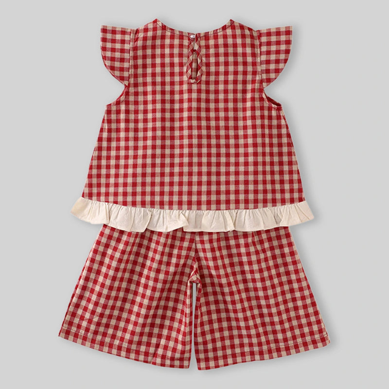 Girls Red Checked Ruffle Cap Sleeve Top With Elasticated Shorts Sets Sets