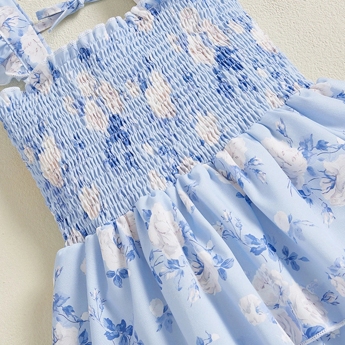 Girls Light Blue Floral Printed Flutter Sleeve Smocked Tiered Dress Casual Dresses