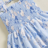 Girls Light Blue Floral Printed Flutter Sleeve Smocked Tiered Dress Casual Dresses