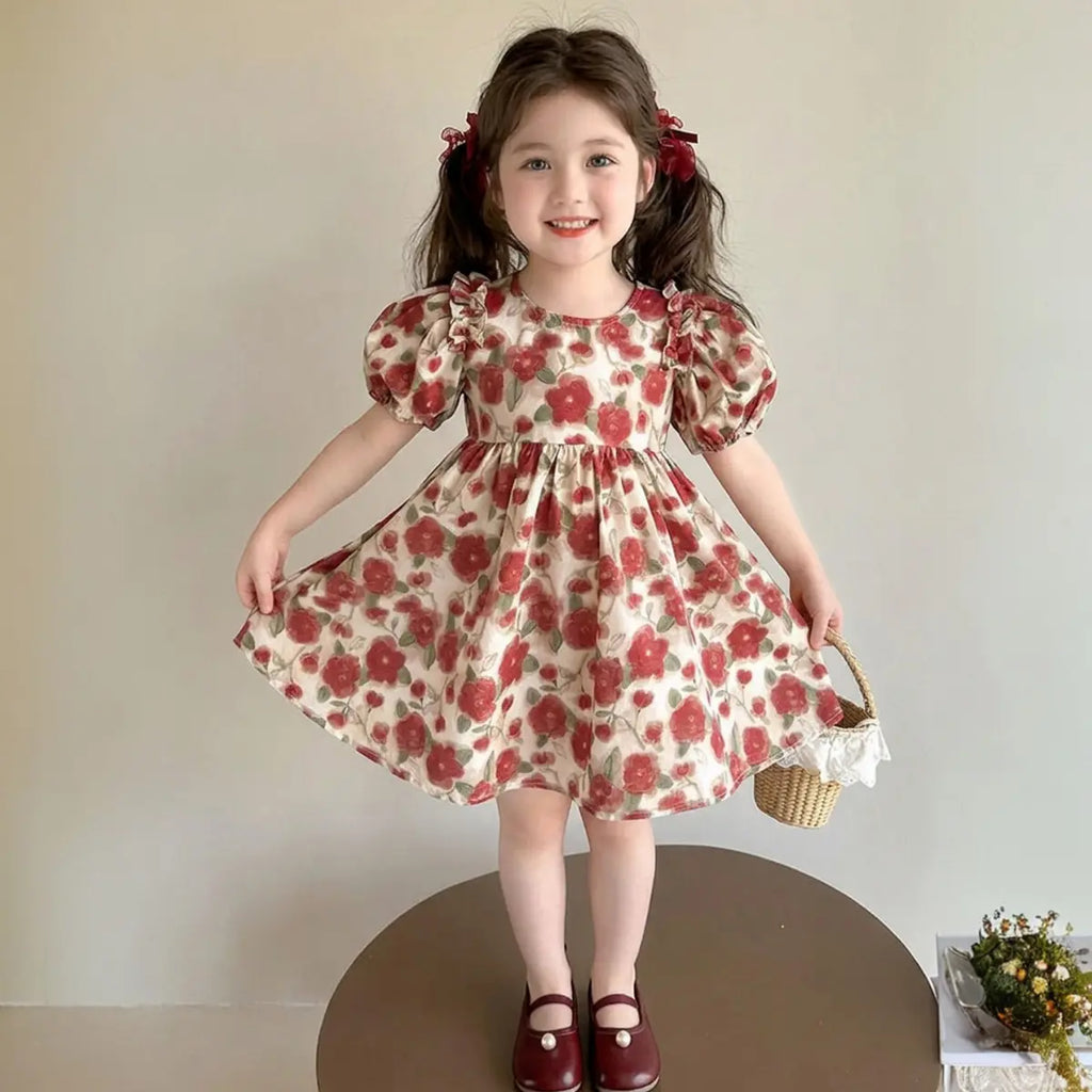 Girls Red Floral Print Fit And Flare Dress With Back Bow Details Casual Dresses Red 1-2 Y