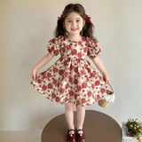Girls Red Floral Print Fit And Flare Dress With Back Bow Details