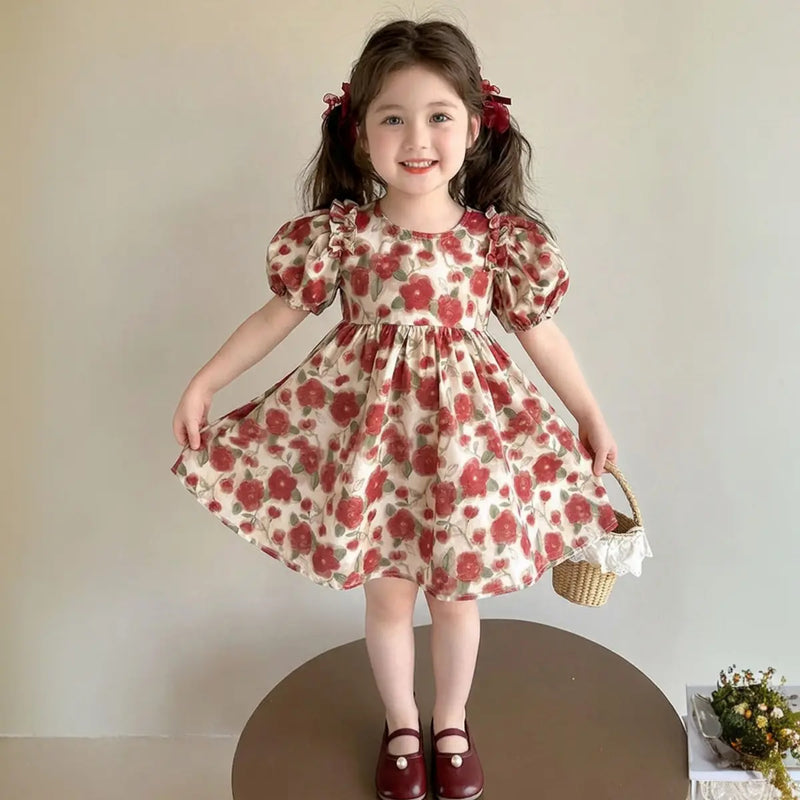 Girls Red Floral Print Fit And Flare Dress With Back Bow Details Casual Dresses Red 1-2 Y