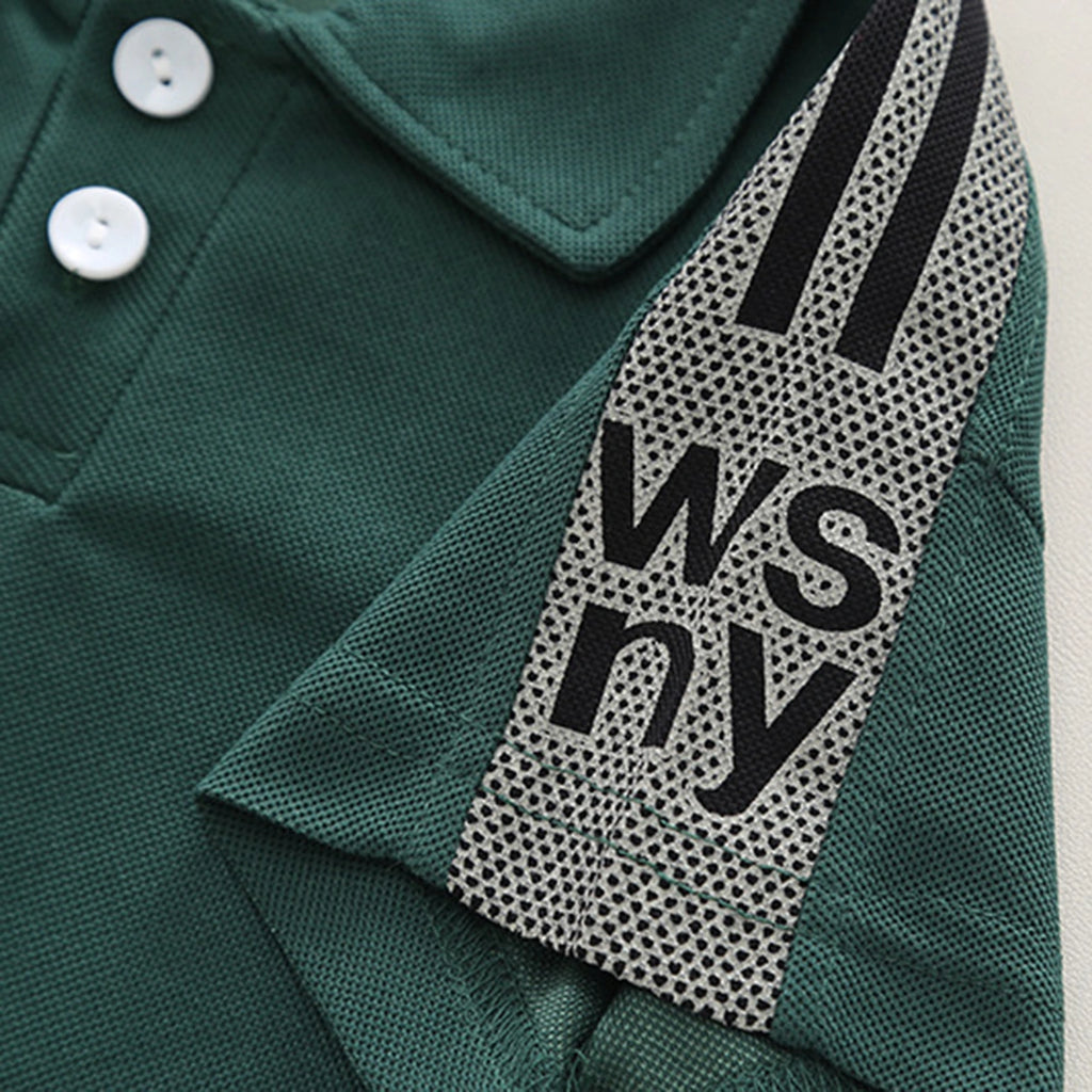 Boys Dark Green Typographic Printed Short Sleeve Polo T-Shirt With Shorts Sets 2 pc. Sets