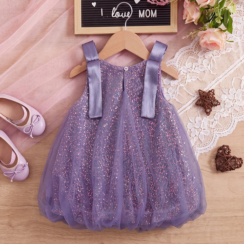 Girls Purple Sleeveless Sequins Embellished Balloon Dress Casual Dresses