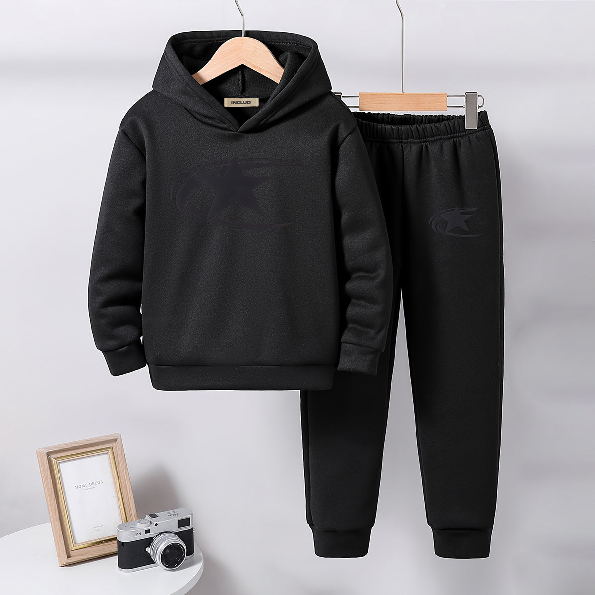 Boys Black Star Printed Hooded Sweatshirt with Joggers Set Sets Black 5-6 Y