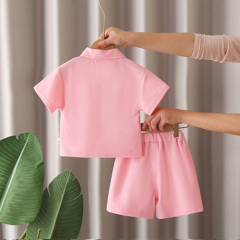 Girls Pink Bunny Appliqued Short Sleeves Polo T-Shirt With Shorts Set 2 pc. Sets