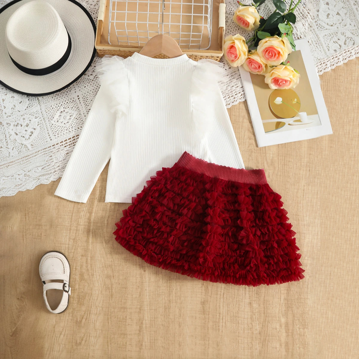 Girls Long Sleeves Top With Burgundy Tulle Ruffled Skirts Set Sets