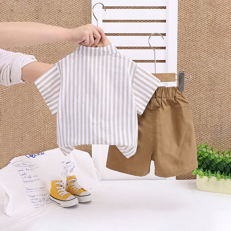 Boys Khaki Striped Short Sleeve Shirt With Shorts Set 2 pc. Sets