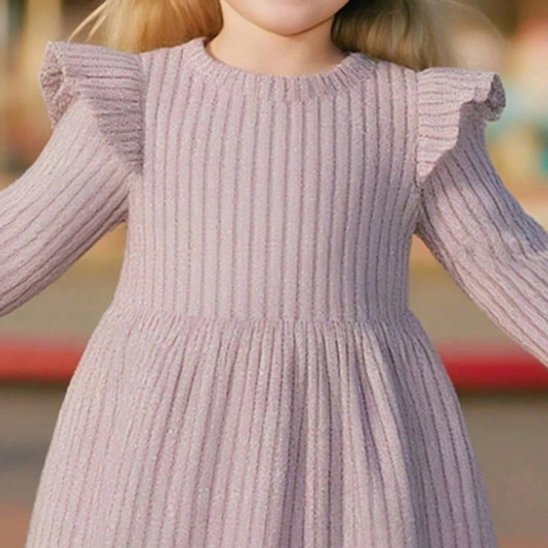 Girls Lilac Self-Stripes Fit & Flare Winter Casual Dresses Casual Dresses