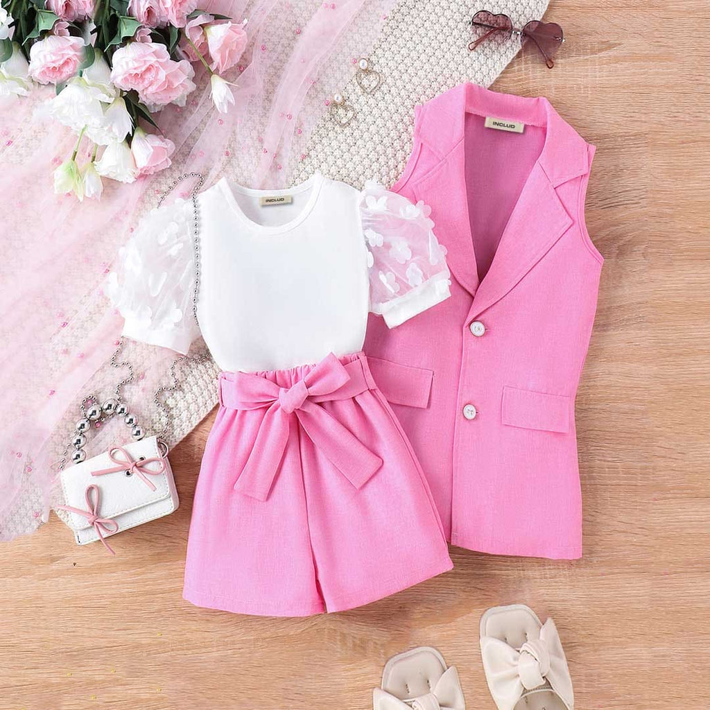 Girls Vest Jacket With Mesh Puff Sleeve Top & Shorts Set