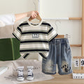 Boys Off White Striped Short Sleeves T-Shirt With Denim Shorts Set 2 pc. Sets Off White 1-2 Y
