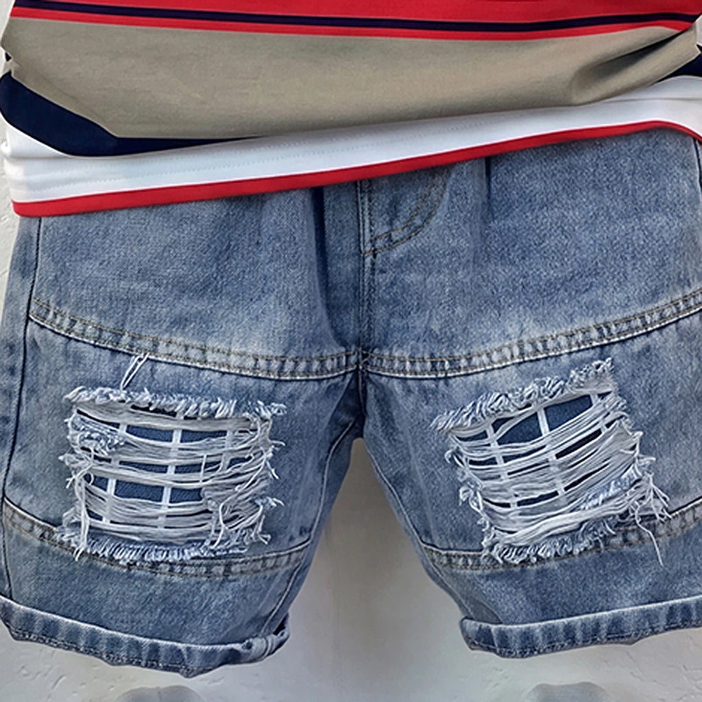 Boys Multicolour Striped Short Sleeve T-Shirt With Denim Shorts Sets 2 pc. Sets