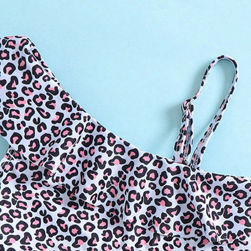 Girls Black Leopard Print One Shoulder Top With Briefs Swimwear Sets Sets