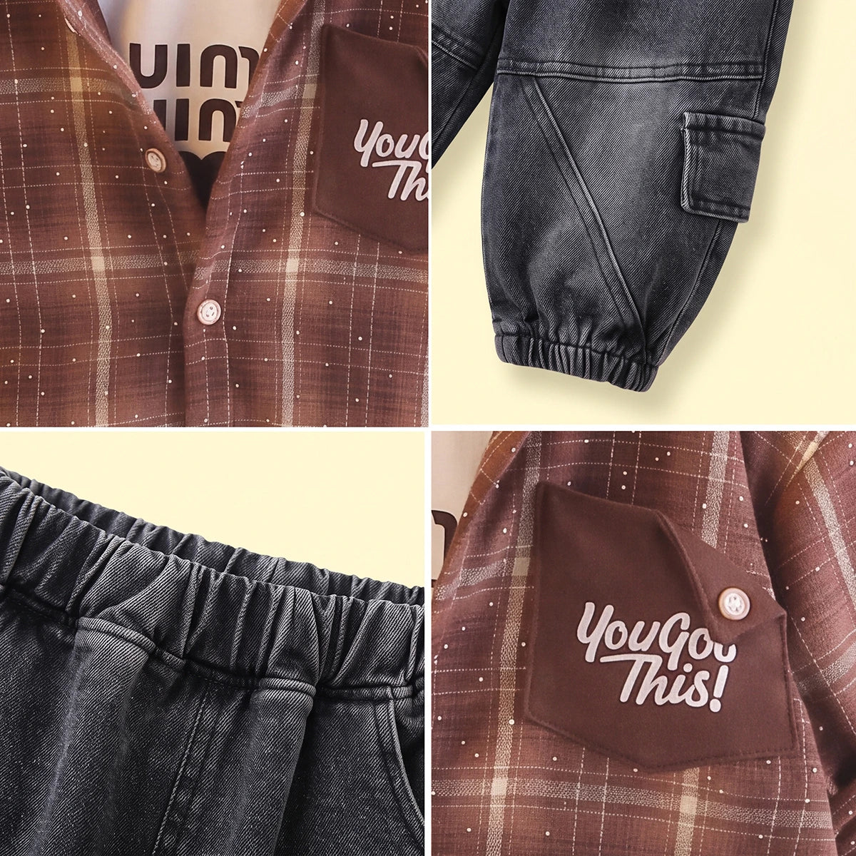 Boys Brown Checked Shirt With T-Shirt And Denim Pants Sets 3 pc. Sets