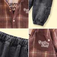 Boys Brown Checked Shirt With T-Shirt And Denim Pants Sets 3 pc. Sets