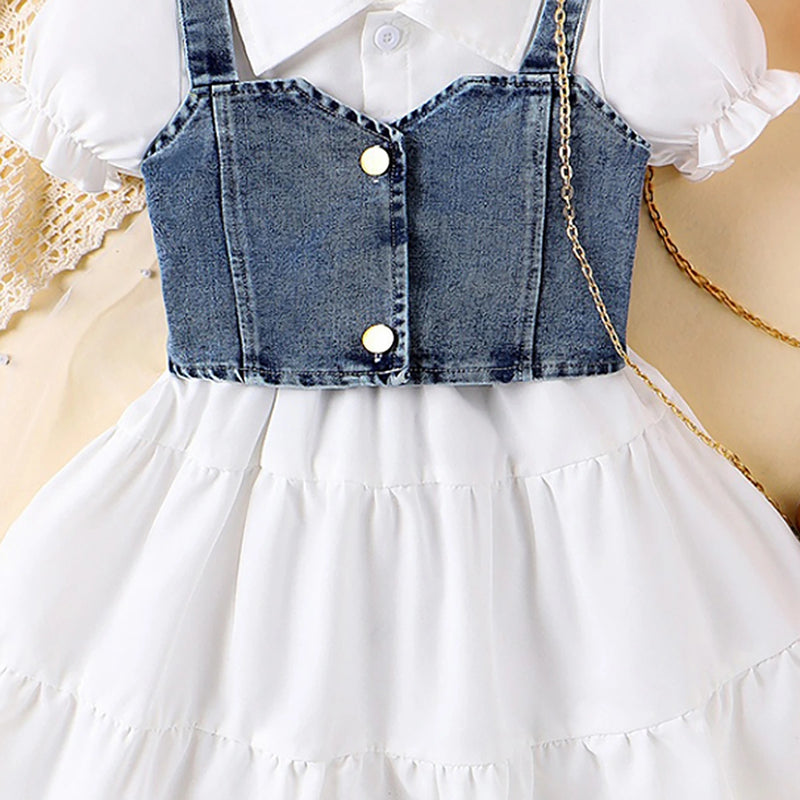 Girls White Puff Sleeve Layered Dress With Denim Jacket Casual Dresses