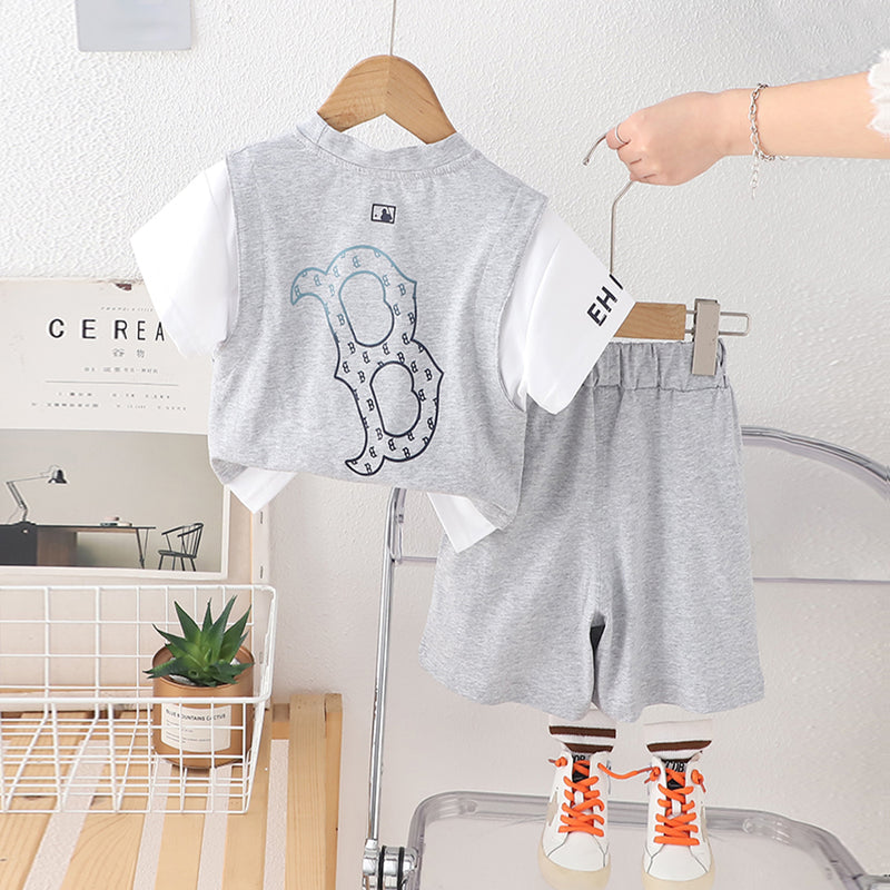 Boys Grey Typographic Printed Short Sleeves T-Shirt With Shorts Set 2 pc. Sets