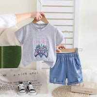 Boys Grey Joystick Printed Short Sleeves T-Shirt With Denim Shorts Set 2 pc. Sets Grey 1-2 Y
