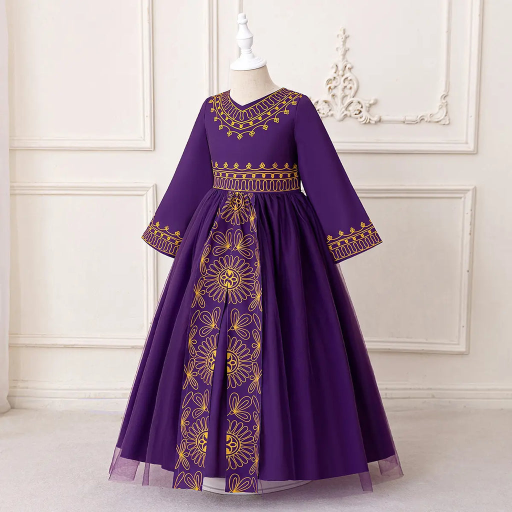 Girls Purple Printed Fit & Flare Dress With Long Sleeves Casual Dresses