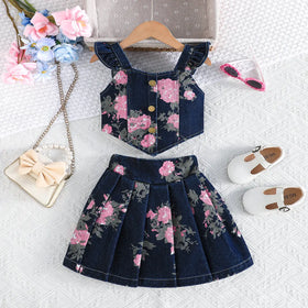 Girls Navy Blue Floral Printed Denim Top And Pleated Skirts Sets 2 pc. Sets Navy Blue 2-3 Y