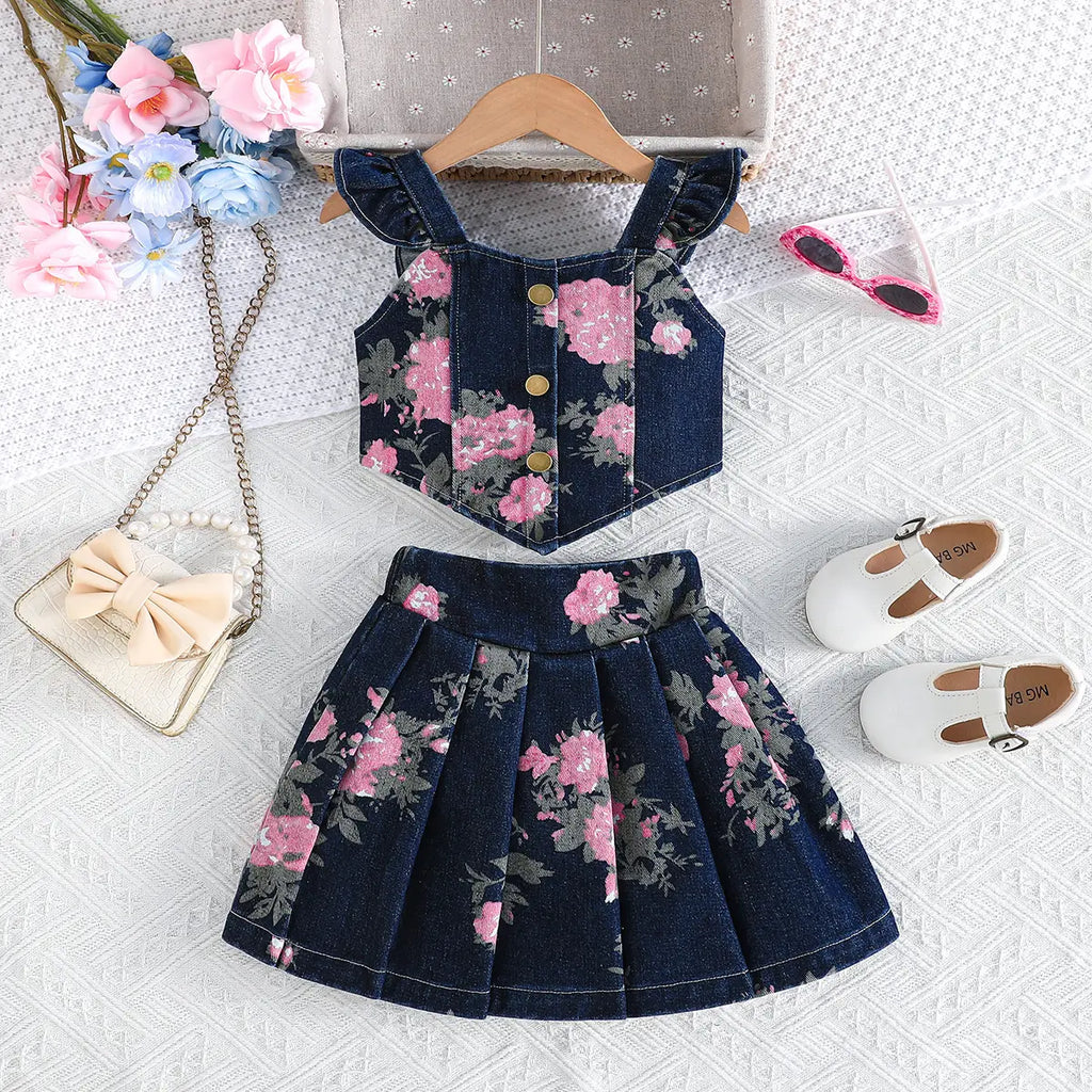 Girls Navy Blue Floral Printed Denim Top And Pleated Skirts Sets 2 pc. Sets Navy Blue 2-3 Y