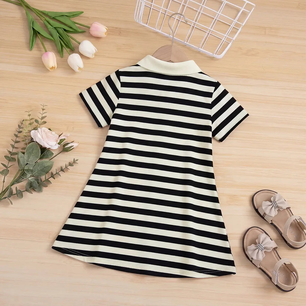 Girls Black Striped Bear Applique Puff Sleeve Polo Dress Casual Dresses