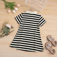 Girls Black Striped Bear Applique Puff Sleeve Polo Dress Casual Dresses