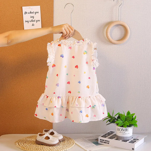 Girls Apricot Heart Printed Sleeveless A-line Dress Casual Dresses