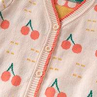 Girls Apricot Cardigan With Self-Design Cherry Patterns Sweaters & Cardigans