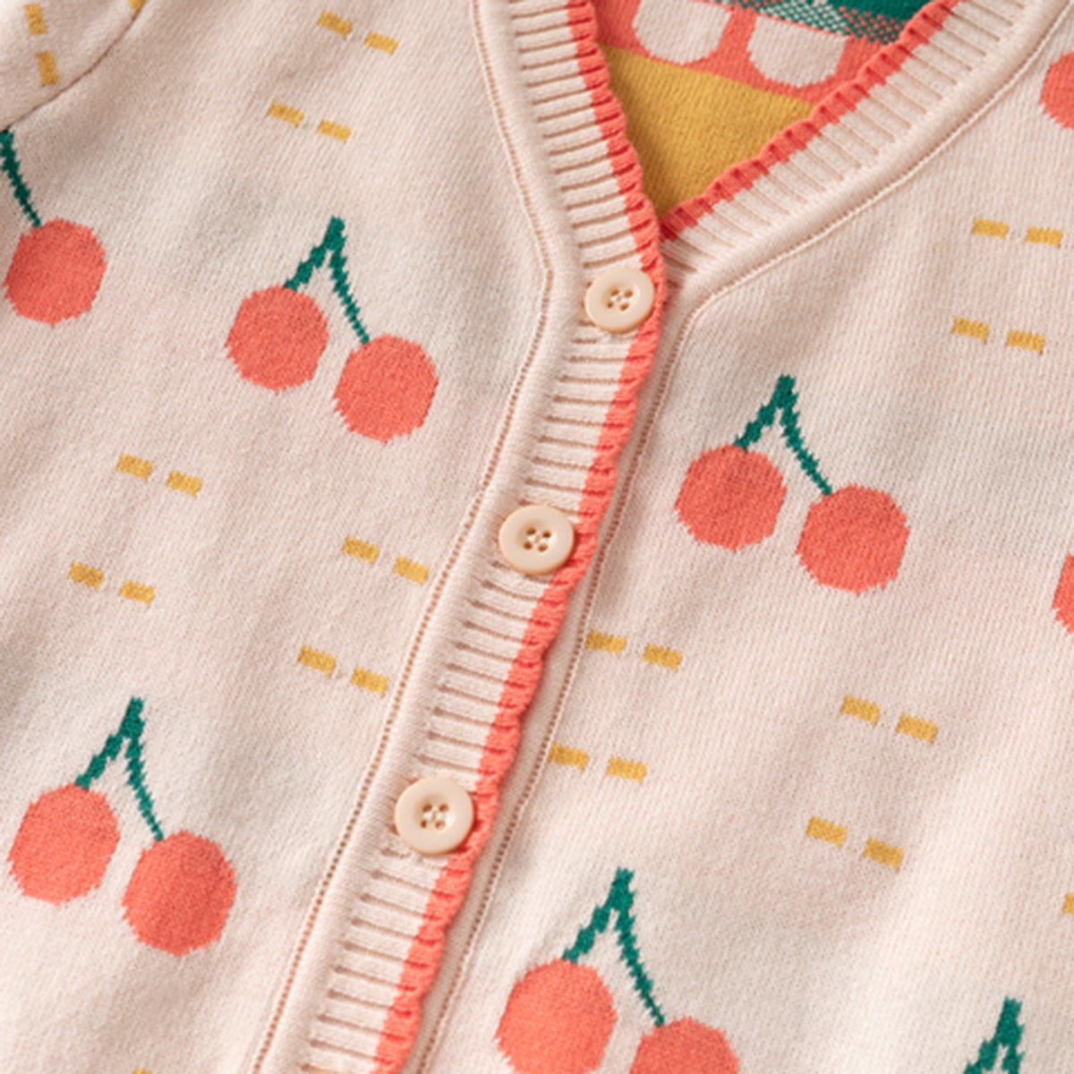 Girls Apricot Cardigan With Self-Design Cherry Patterns Sweaters & Cardigans