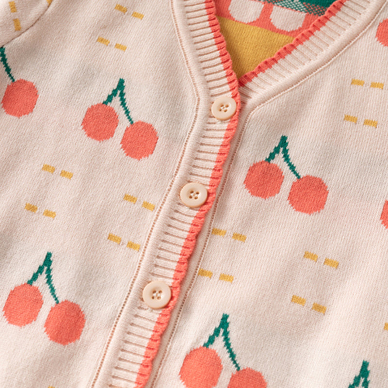 Girls Apricot Cardigan With Self-Design Cherry Patterns Sweaters & Cardigans