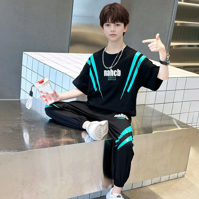 Boys Black Typographic Printed T-Shirt With Joggers Co-ord Sets Sets