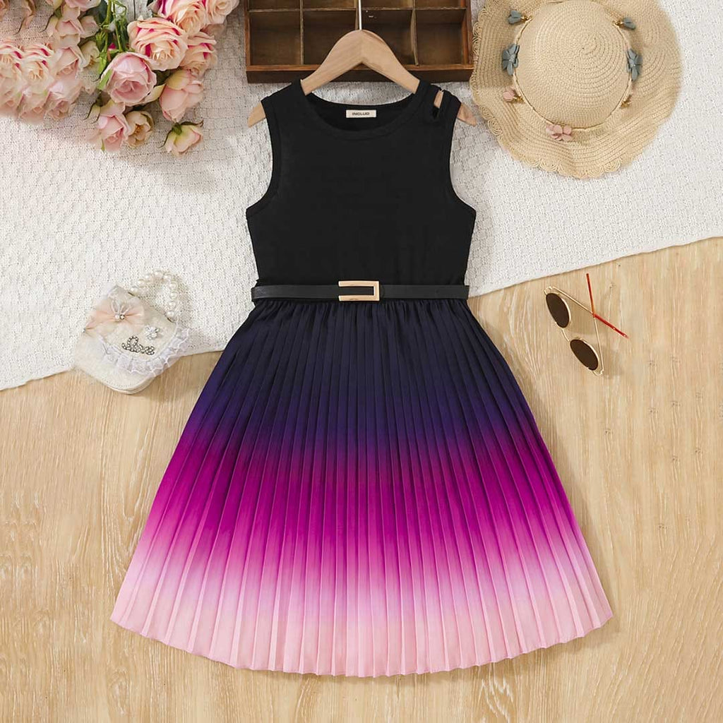 Girls Sleeveless Ombre Pleated Fit & Flare Dress