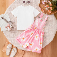 Girls Short Sleeve T-Shirt With Pink Floral Print Dungaree Sets 2 pc. Sets