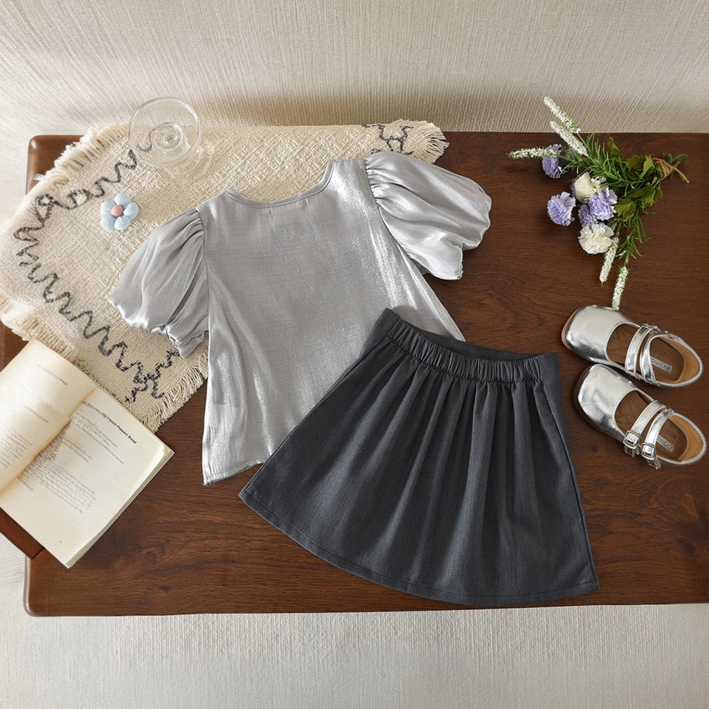 Girls Light Grey Puff Sleeve Top With Bow Applique Skirt Sets 2 pc. Sets