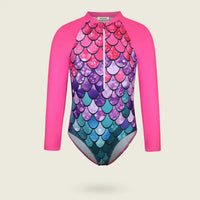 Girls Fuchsia Mermaid Printed Long Sleeves Swimwear Bodysuit Beachwear Fuchsia 7-8 Y