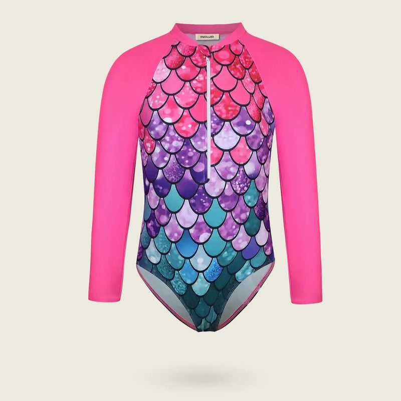 Girls Fuchsia Mermaid Printed Long Sleeves Swimwear Bodysuit Beachwear Fuchsia 7-8 Y