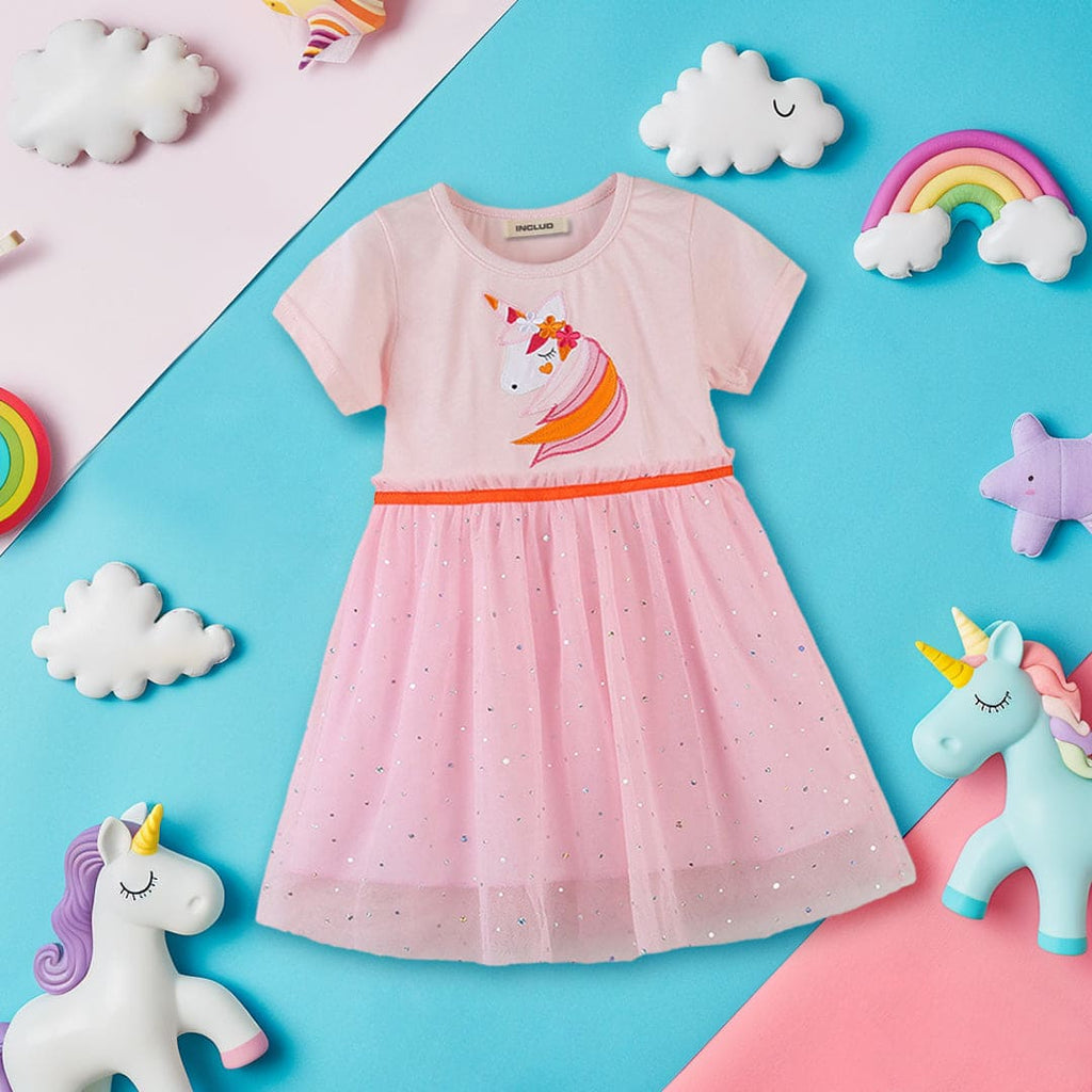 Girls Glitter Unicorn Print Fit & Flare Dress