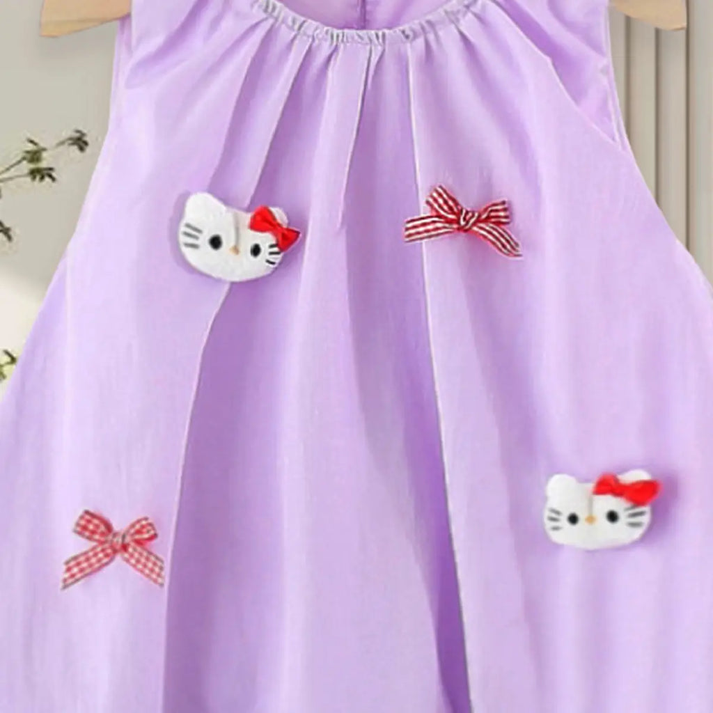 Girls Purple Cat Applique Balloon Dress Casual Dresses