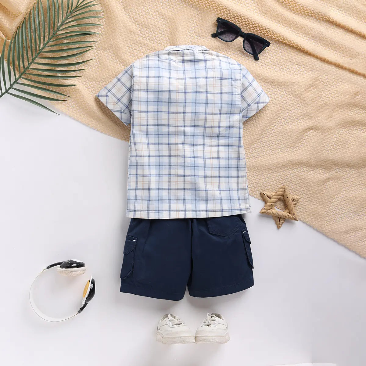Boys Blue Checked Shirt With Printed T-Shirt And Twill Shorts Sets 3 pc. Sets