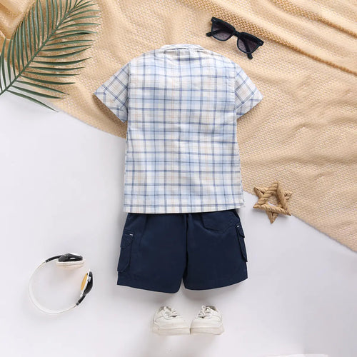 Boys Blue Checked Shirt With Printed T-Shirt And Twill Shorts Sets 3 pc. Sets