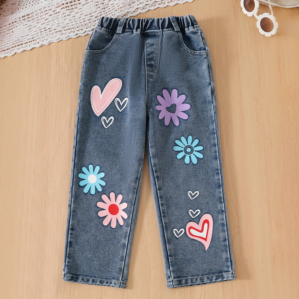 Girls Pink Graphics Puff Sleeves Top With Floral Printed Denim Pants Set Sets