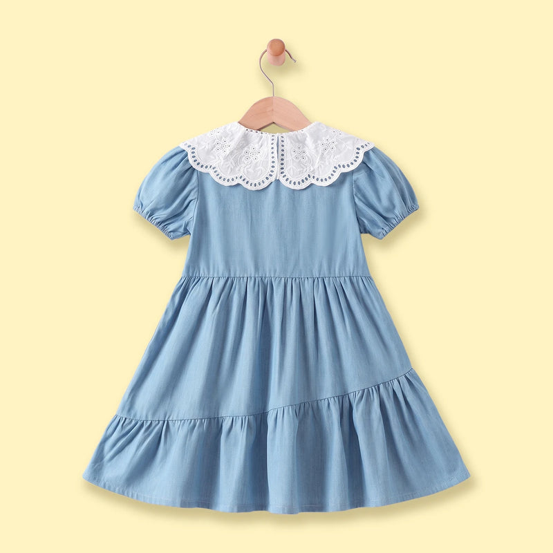 Girls Light Blue Short Sleeve Tiered Dress Casual Dresses